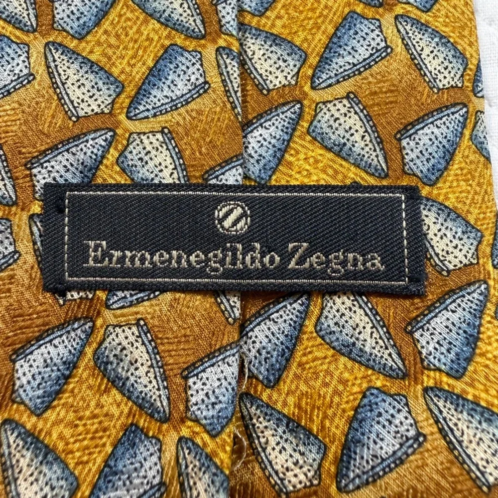 Ermenegildo Zegna 100% Silk Tie Geometric Pattern Mustard Blue Made in Italy Men